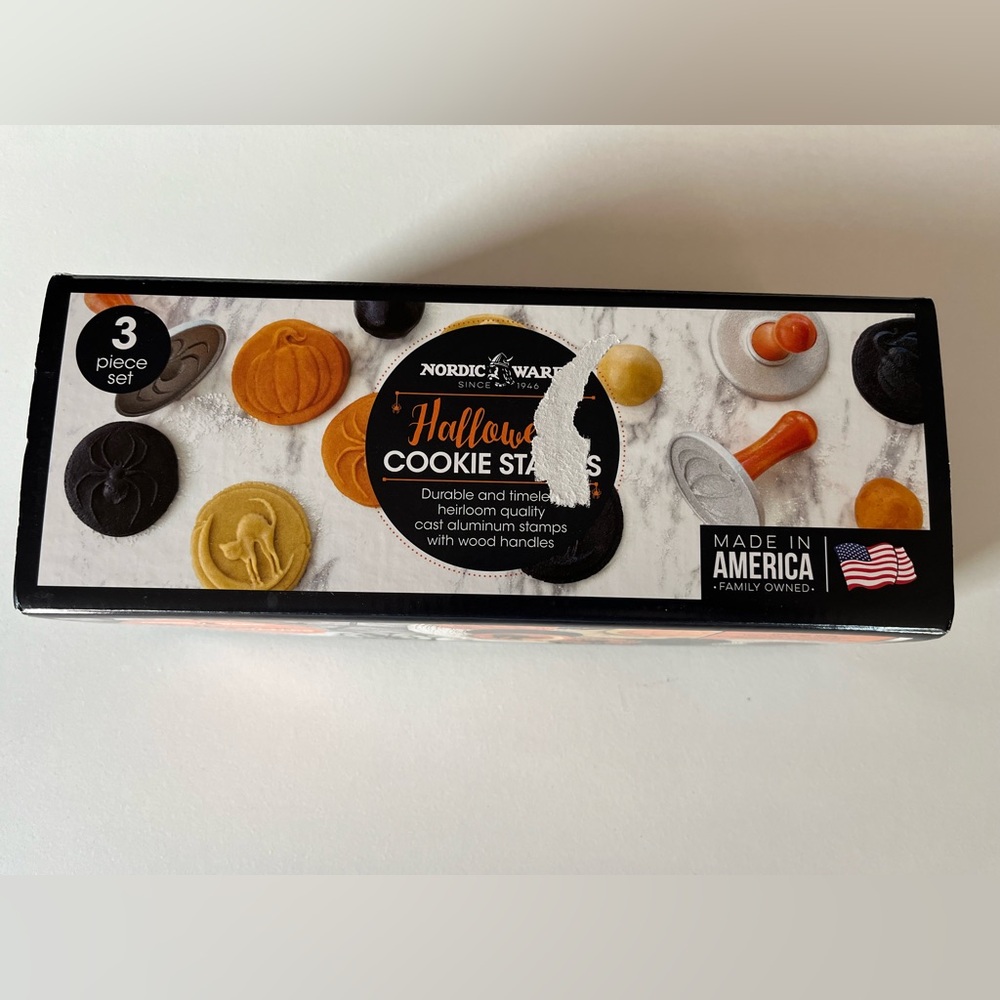 Nordic ware Halloween Cookie Stamps Set of three Cat on Moon, Spider, & Pumpkin.